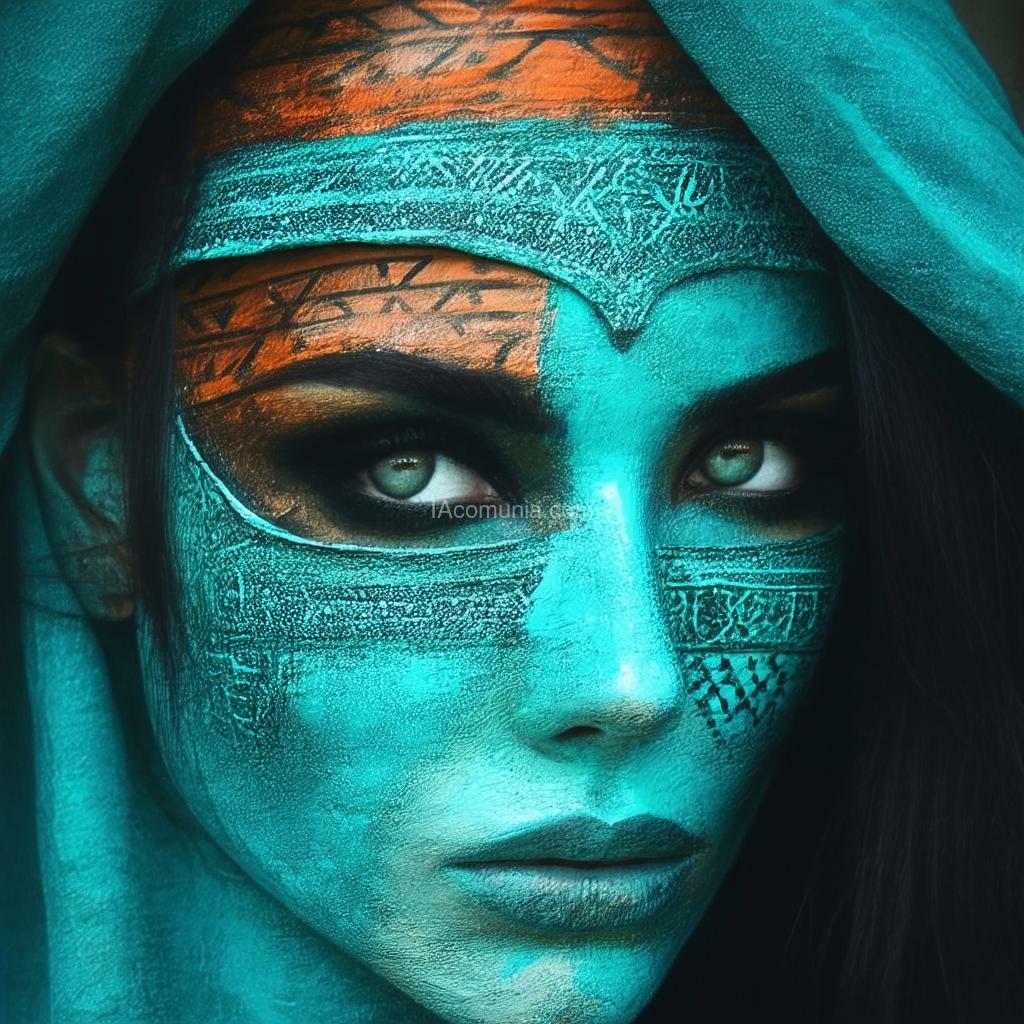 Imagen generada por IA en la comunidad IAcomuia: Hyper detailed, amazing intricately designed, ((portrait of an half face)) of a intriguing woman , turquoise intarsiate hood, kodak portra, film grain, crisp, sharp, colour pops, with amazing inlaid mask covering the whole face, with a unique and mysterious appearance,, atmospheric setting. the mask is painted with rich and textured colors, including deep turquoise , deep oranges, and ivory, each adorned with detailed patterns of geometric and tribal designs that give them a ceremonial and otherworldly feel. the mask in inlaid into the face , has a terrific feeling, the mask is inlaid into the face