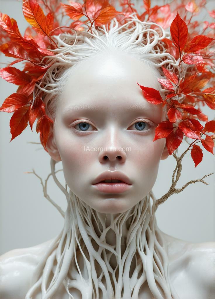 Imagen generada por IA en la comunidad IAcomuia: A woman with coral red vibrants metalics leaves on her head, porcelain pale skin, topological renders, hi-fructose art magazine, artforum, some tendrils are intertwining with her hair, vines, yasuke 5 0 0 px models, wearing jewellery, bilateral symmetry, albino, 32k, indigo, golden delicious style cambia ese prompt por colores rosa