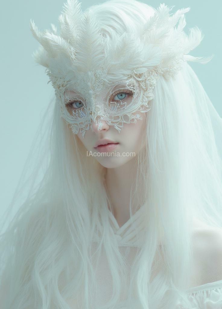 Imagen generada por IA en la comunidad IAcomuia: Super detailed hyper-realistic surreal image of an ethereal woman with long, flowing white hair, wearing an intricately designed white mask adorned with delicate feather-like elements. her pale skin and light blue eyes give her an otherworldly appearance, creating a sense of purity and mystery. the soft lighting enhances the translucent quality of her robe, which flows gently around her. the minimal background, with soft pastel tones, keeps the focus on her serene and enigmatic expression. the overall composition blends elegance with a dreamlike, almost celestial aura. created by sasan.