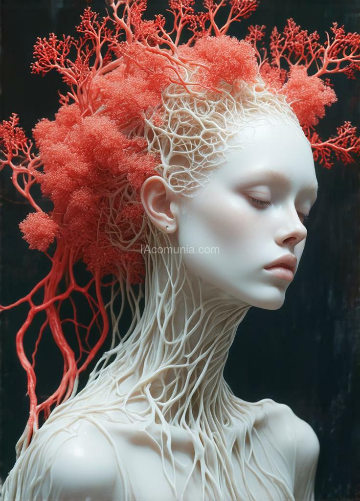 Imagen generada por IA en la comunidad IAcomuia: A woman with coral red vibrants metalics leaves on her head, porcelain pale skin, topological renders, hi-fructose art magazine, artforum, some tendrils are intertwining with her hair, vines, yasuke 5 0 0 px models, wearing jewellery, bilateral symmetry, albino, 32k, indigo, golden delicious style cambia ese prompt por colores rosa