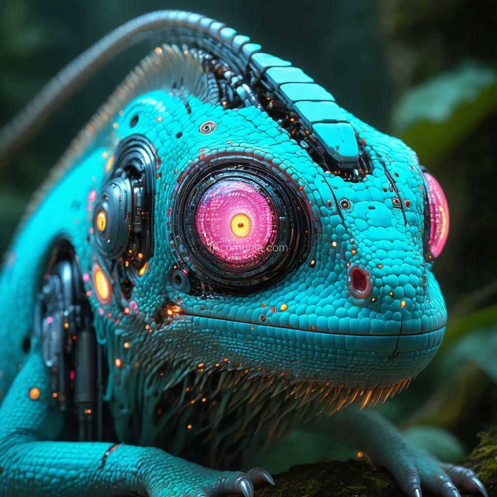 Imagen generada por IA en la comunidad IAcomuia: Ultra-realistic portrait image of a bionic chameleon cyan with circules pink vibrants head in inverted color shades of unearthly origin. this is a high-tech mixture of bionic-organic and genetic morphing with elements of high-tech robotic parts of the chameleon head with built-in robotic-mechanical parts. perform a close-up portrait of the bionic chameleon head, with special attention to the eyes made of the latest bionic-technological material with built-in video surveillance sensors. work out the smallest details and microprocessor bio-assemblies on the surface of the skin and internal parts. a tail with a bright internal glow is visible in the background. the background is defocused. the portrait image of a unique bionic chameleon is made for an advertising magazine about the inverted nature of unearthly origin and is made with maximum detail and photorealism.