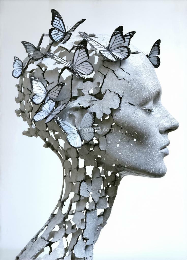 Imagen generada por IA en la comunidad IAcomuia: The molecular sculpture of a head with an exceptionally long neck depicts a serene head from which platinium butterflies emerge through a crack. the face, with its serene expression, is inspired by the hallucinations of yayoi kusama.