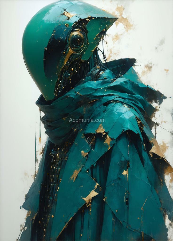 Imagen generada por IA en la comunidad IAcomuia: Ethereal, minimalist, alien race, cybergoth, cyberware, fashion photography, painting, in the style of teal and gold, use of palette knives, waist-high portrait, intricate, sharp_focus, concept art, background zentangle fog.