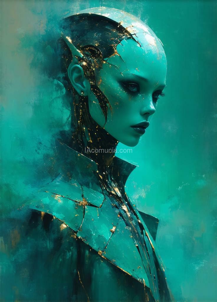 Imagen generada por IA en la comunidad IAcomuia: Ethereal, minimalist, alien race, cybergoth, cyberware, fashion photography, painting, in the style of teal and gold, use of palette knives, waist-high portrait, intricate, sharp_focus, concept art, background zentangle fog.