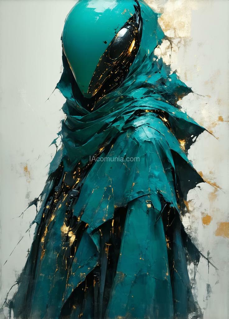 Imagen generada por IA en la comunidad IAcomuia: Ethereal, minimalist, alien race, cybergoth, cyberware, fashion photography, painting, in the style of teal and gold, use of palette knives, waist-high portrait, intricate, sharp_focus, concept art, background zentangle fog.