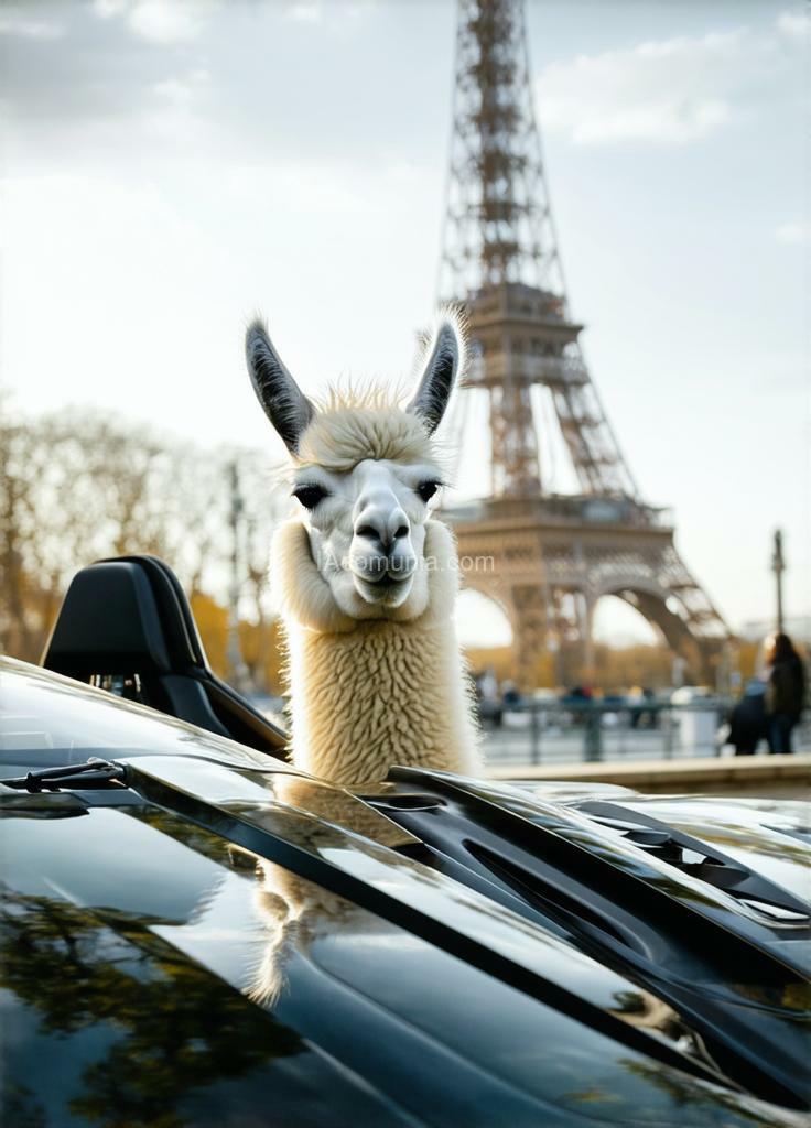 Imagen generada por IA en la comunidad IAcomuia: A llama in a sport car in paris