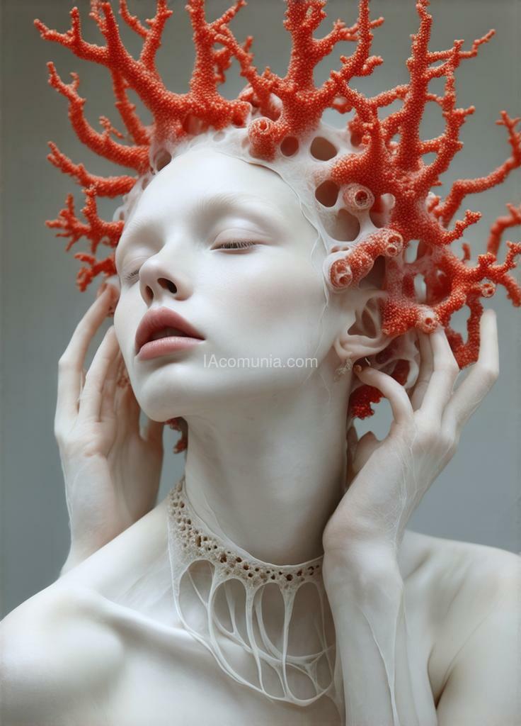 Imagen generada por IA en la comunidad IAcomuia: A woman with red corals on her head, porcelain pale skin, topological renders, hi - fructose art magazine, artforum, some tentacles are touching her, twigs, yasuke 5 0 0 px models, wearing jewellery, bilateral symmetry, albino, 32k