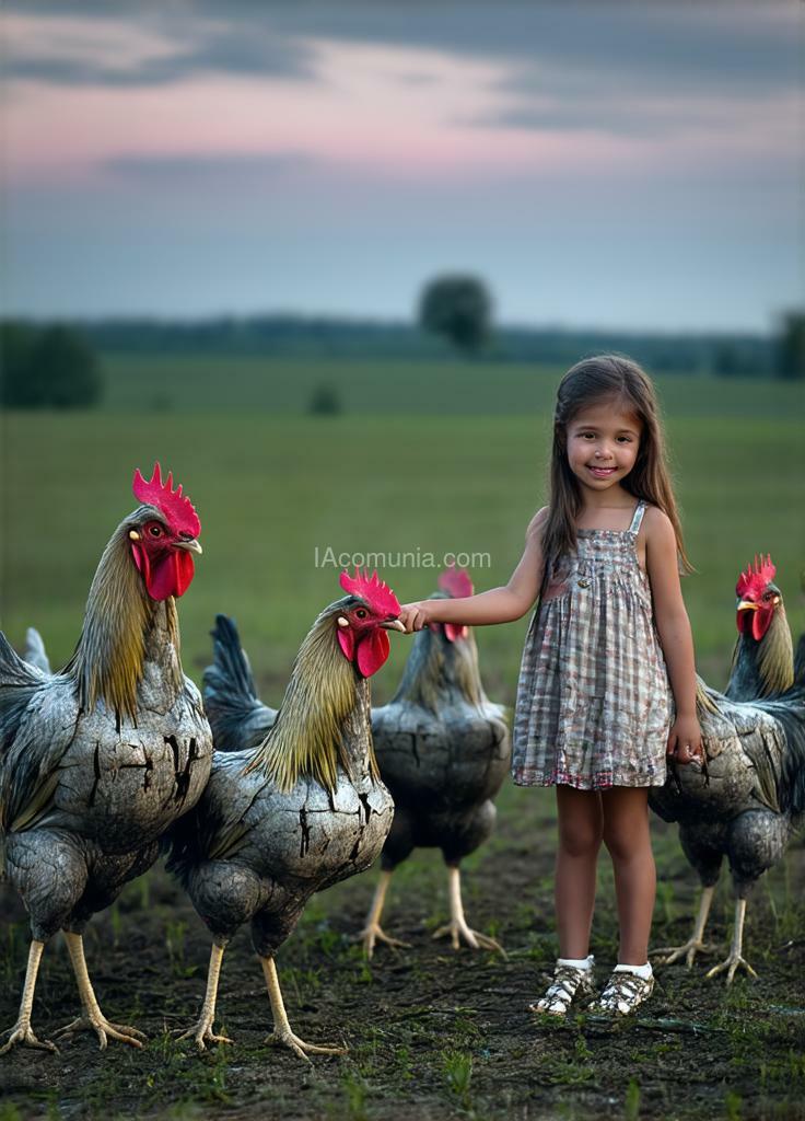 Imagen generada por IA en la comunidad IAcomuia: In the middle of a farm field at dusk, a young girl stands next to a group of enormous, twisted chickens. the chickens have elongated necks, cracked beaks, and patchy feathers that reveal gray, sickly skin underneath. their legs are thick and muscular, and they stare down at the girl with large, almost human-like eyes. the girl has her hand on one of their backs, smiling as though they’re perfectly ordinary animals. ultra-realistic, with high detail on the feathers, eerie eyes, and the contrasting innocence of the girl’s expression.