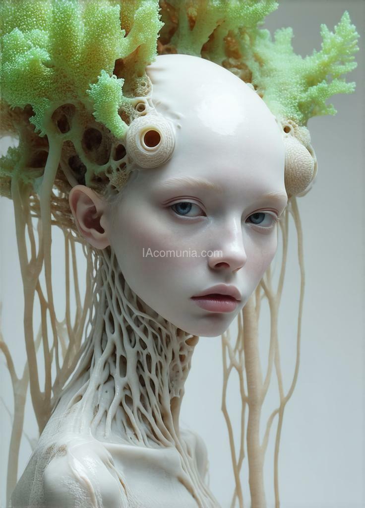 Imagen generada por IA en la comunidad IAcomuia: A woman with green corals on her head, porcelain pale skin, topological renders, hi - fructose art magazine, artforum, some tentacles are touching her, twigs, yasuke 5 0 0 px models, wearing jewellery, bilateral symmetry, albino, 32k