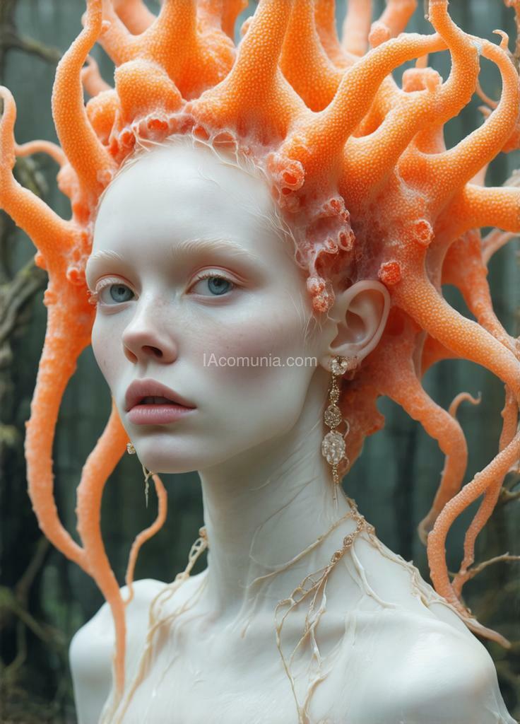 Imagen generada por IA en la comunidad IAcomuia: A woman with orange corals on her head, porcelain pale skin, topological renders, hi - fructose art magazine, artforum, some tentacles are touching her, twigs, yasuke 5 0 0 px models, wearing jewellery, bilateral symmetry, albino, 32k