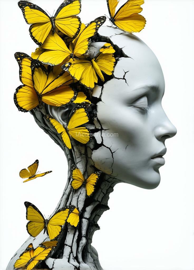 Imagen generada por IA en la comunidad IAcomuia: The molecular sculpture of a head with an exceptionally long neck depicts a serene head from which yellow butterflies emerge through a crack. the face, with its serene expression, is inspired by the hallucinations of yayoi kusama.