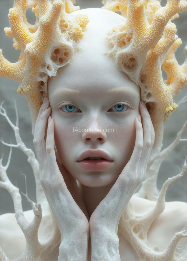 Imagen generada por IA en la comunidad IAcomuia: A woman with cyan with yellow corals on her head, porcelain pale skin, topological renders, hi - fructose art magazine, artforum, some tentacles are touching her, twigs, yasuke 5 0 0 px models, wearing jewellery, bilateral symmetry, albino, 32k