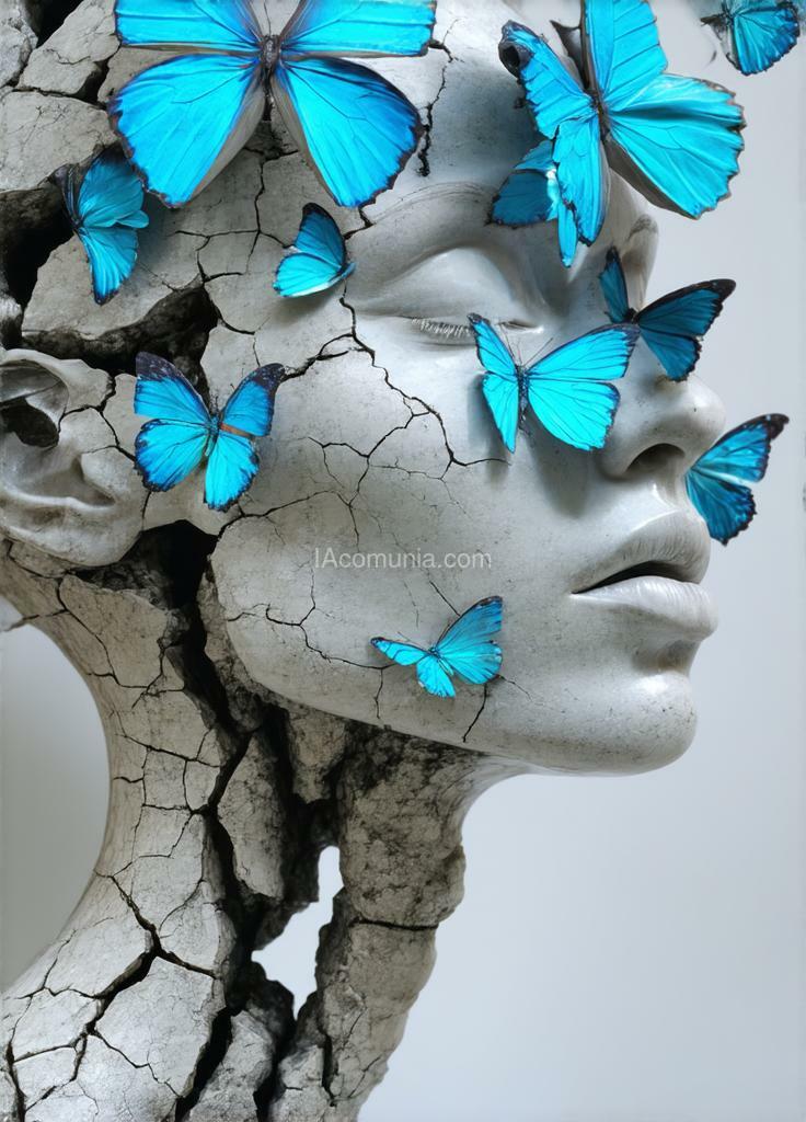 Imagen generada por IA en la comunidad IAcomuia: The molecular sculpture of a head with an exceptionally long neck depicts a serene head from which cyan butterflies emerge through a crack. the face, with its serene expression, is inspired by the hallucinations of yayoi kusama.