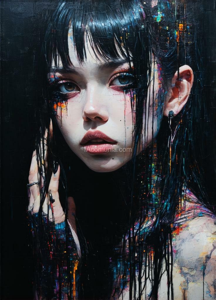 Imagen generada por IA en la comunidad IAcomuia: Closeup portrait of a girl with long black hair, standing alone in a dark room, painted nails, piercing black eyes, intricate details in her hair and clothing, awe inspiring , surreal structured mix media art,, art by luzia caldari, carne griffiths and vanessa barragao. coherent background, close-up, stitching in bright colors, 3d-effect artwork, 3d vector painting, sharp focus, beautiful, highly detailed, concept art, stunning, molecular, textures, breathtaking beauty, pure perfection, divine presence, unforgettable, impressive, breathtaking beauty, volumetric light, rays, vivid colors reflects, centered, symmetry, painted, intricate, volumetric lighting, beautiful, rich deep colors masterpiece, sharp focus, ultra detailed, in the style of dan mumford and marc simonetti