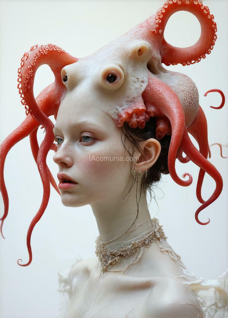 Imagen generada por IA en la comunidad IAcomuia: A woman with red tentacules optupus on her head, porcelain pale skin, topological renders, hi - fructose art magazine, artforum, some tentacles are touching her, twigs, yasuke 5 0 0 px models, wearing jewellery, bilateral symmetry, albino, 32k