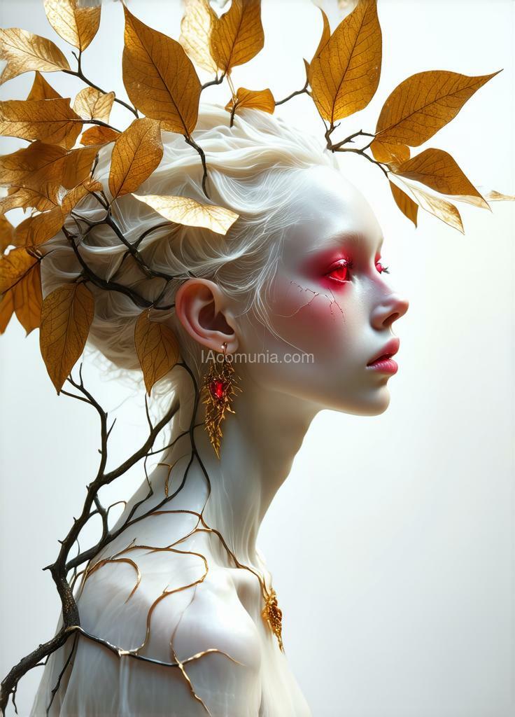 Imagen generada por IA en la comunidad IAcomuia: A woman with golden leaves on her head, porcelain pale skin, topological renders, hi-fructose art magazine, artforum, some tendrils are intertwining with her hair, vines, yasuke 5 0 0 px models, wearing jewellery, bilateral symmetry, albino, 32k, indigo, golden delicious style, with a winter theme, red leaves, large expressive pink eyes