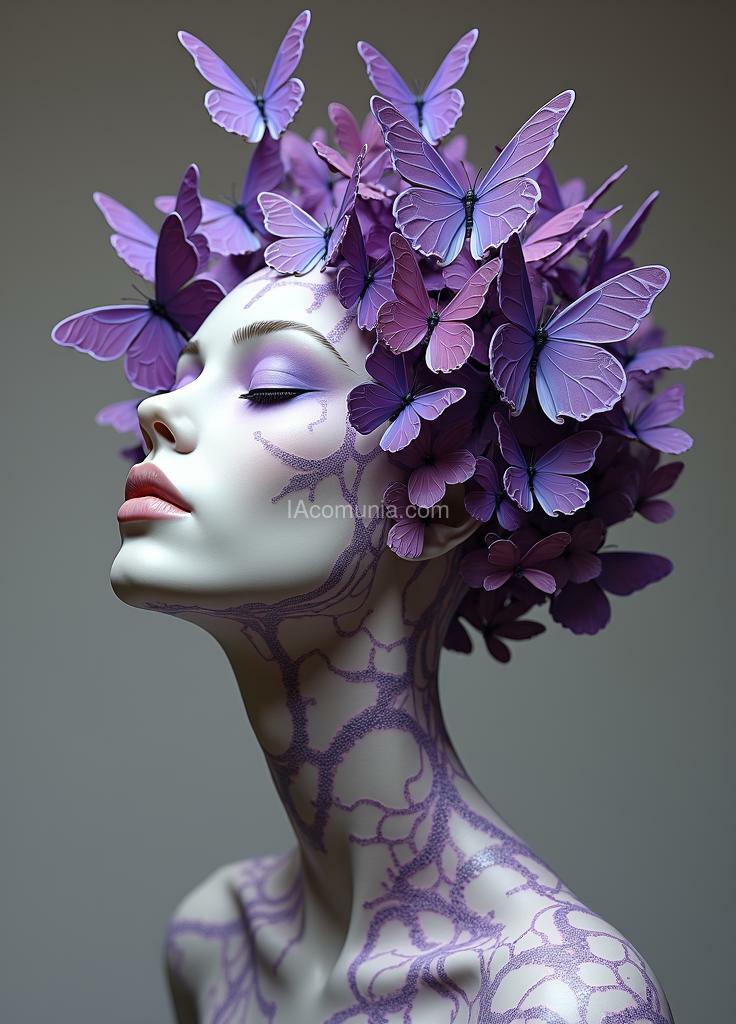 Imagen generada por IA en la comunidad IAcomuia: The molecular sculpture of a head with an exceptionally long neck depicts a serene head from which purple with tentacles de optupus butterflies emerge through a crack. the face, with its serene expression, is inspired by the hallucinations of yayoi kusama.