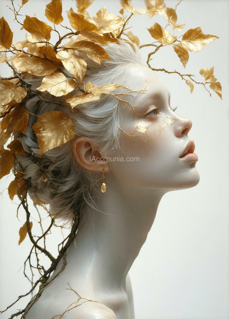 Imagen generada por IA en la comunidad IAcomuia: A woman with golden leaves on her head, porcelain pale skin, topological renders, hi-fructose art magazine, artforum, some tendrils are intertwining with her hair, vines, yasuke 5 0 0 px models, wearing jewellery, bilateral symmetry, albino, 32k, indigo, golden delicious style