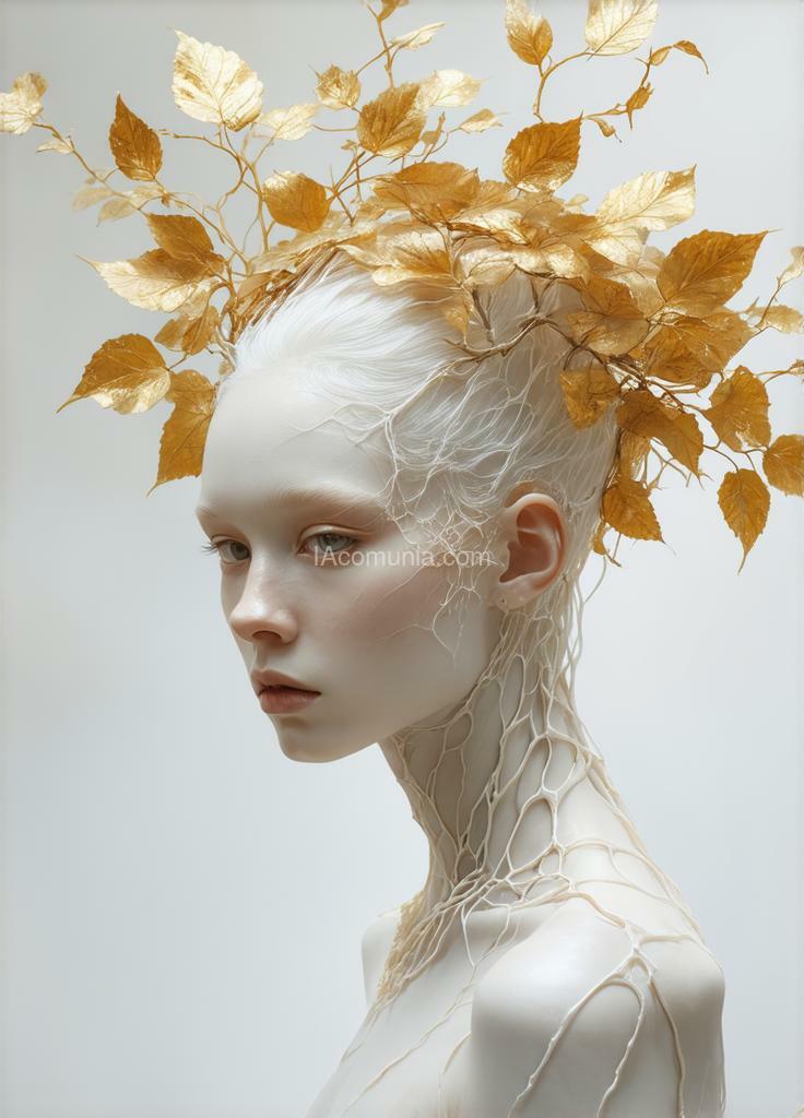 Imagen generada por IA en la comunidad IAcomuia: A woman with golden leaves on her head, porcelain pale skin, topological renders, hi-fructose art magazine, artforum, some tendrils are intertwining with her hair, vines, yasuke 5 0 0 px models, wearing jewellery, bilateral symmetry, albino, 32k, indigo, golden delicious style