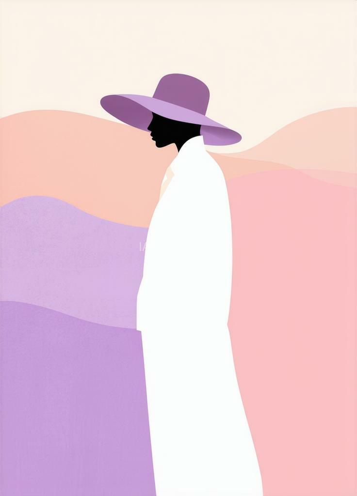 Imagen generada por IA en la comunidad IAcomuia: Create a minimalist-style image using soft pastel colors. the image should include a stylized human figure wearing a wide-brimmed hat, with a gradient background in shades of pink and purple. the figure should have a smooth, modern finish with clean lines and simple shapes. the hat should be a prominent feature, with a soft texture and a color that slightly contrasts with the rest of the figure. the background should have a layered effect in pastel tones, creating a sense of depth and tranquility. the overall composition should be balanced and harmonious, conveying a sense of calm and elegance