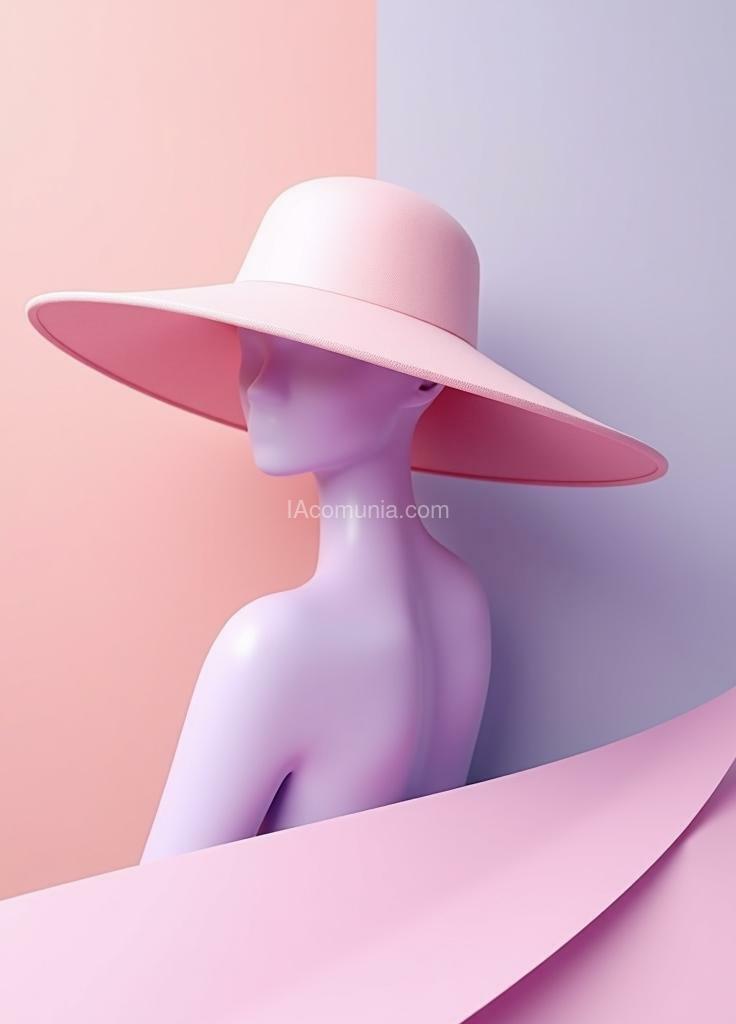 Imagen generada por IA en la comunidad IAcomuia: Create a minimalist-style image using soft pastel colors. the image should include a stylized human figure wearing a wide-brimmed hat, with a gradient background in shades of pink and purple. the figure should have a smooth, modern finish with clean lines and simple shapes. the hat should be a prominent feature, with a soft texture and a color that slightly contrasts with the rest of the figure. the background should have a layered effect in pastel tones, creating a sense of depth and tranquility. the overall composition should be balanced and harmonious, conveying a sense of calm and elegance