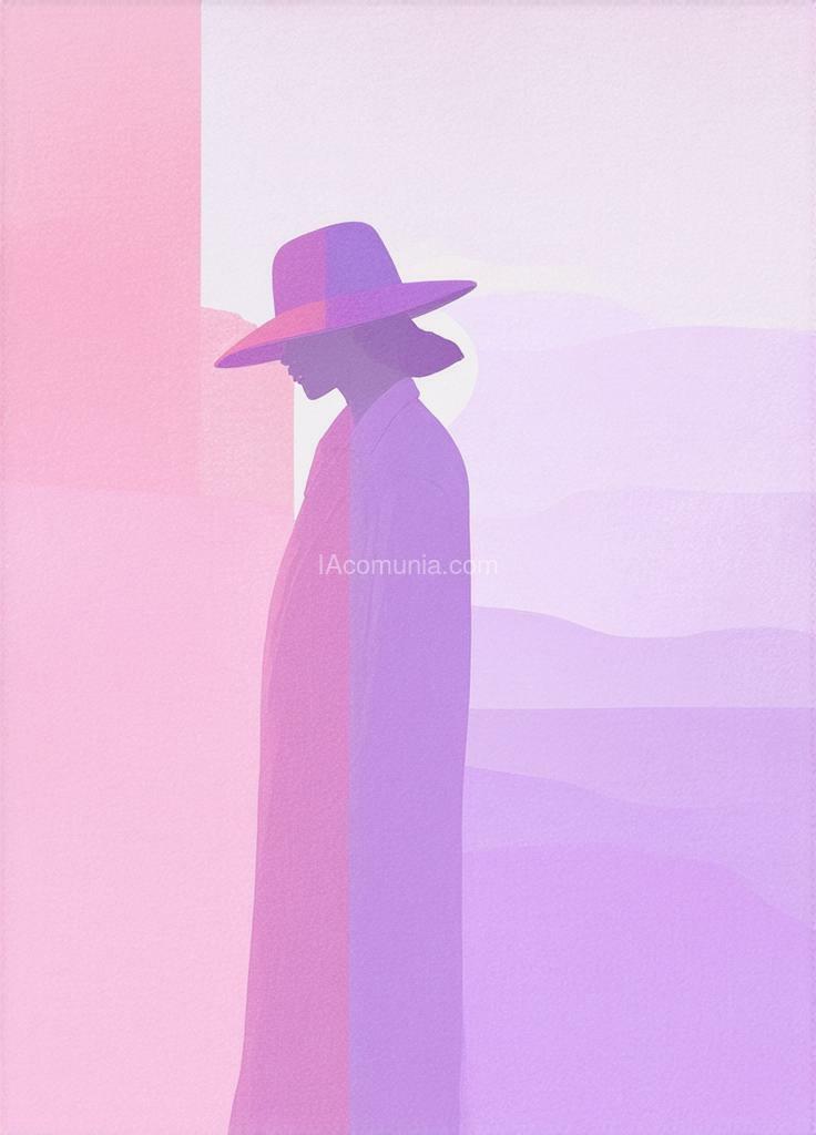 Imagen generada por IA en la comunidad IAcomuia: Create a minimalist-style image using soft pastel colors. the image should include a stylized human figure wearing a wide-brimmed hat, with a gradient background in shades of pink and purple. the figure should have a smooth, modern finish with clean lines and simple shapes. the hat should be a prominent feature, with a soft texture and a color that slightly contrasts with the rest of the figure. the background should have a layered effect in pastel tones, creating a sense of depth and tranquility. the overall composition should be balanced and harmonious, conveying a sense of calm and elegance