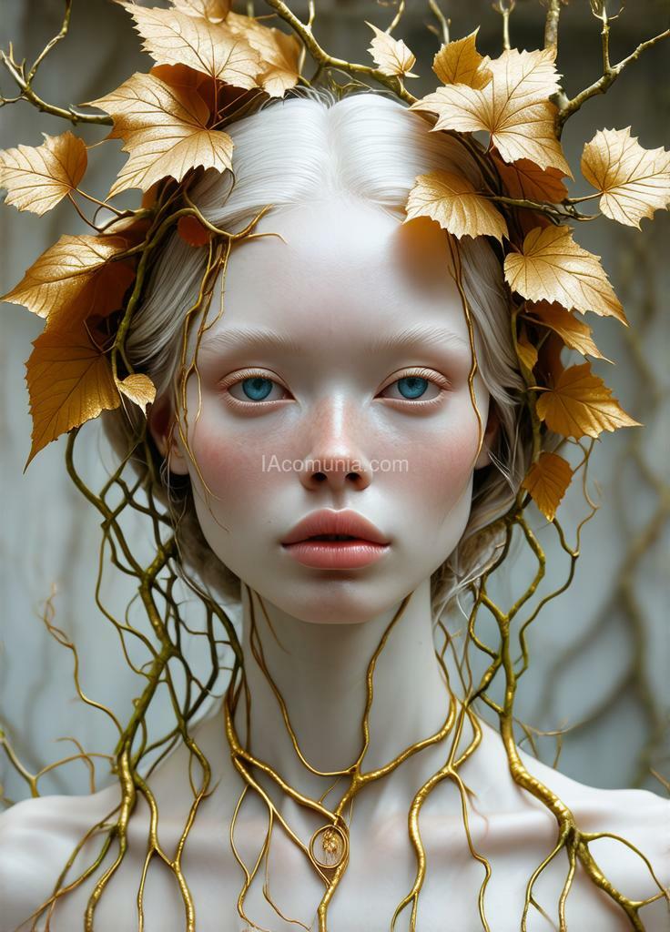 Imagen generada por IA en la comunidad IAcomuia: A woman with golden leaves on her head, porcelain pale skin, topological renders, hi-fructose art magazine, artforum, some tendrils are intertwining with her hair, vines, yasuke 5 0 0 px models, wearing jewellery, bilateral symmetry, albino, 32k, indigo, coral delicious style, with a pink color palette"