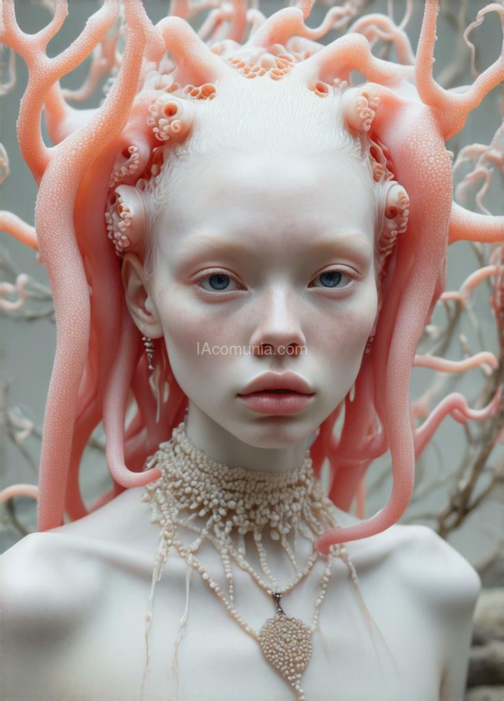 Imagen generada por IA en la comunidad IAcomuia: A woman with pink tentacules optupus corals on her head, porcelain pale skin, topological renders, hi - fructose art magazine, artforum, some tentacles are touching her, twigs, yasuke 5 0 0 px models, wearing jewellery, bilateral symmetry, albino, 32k