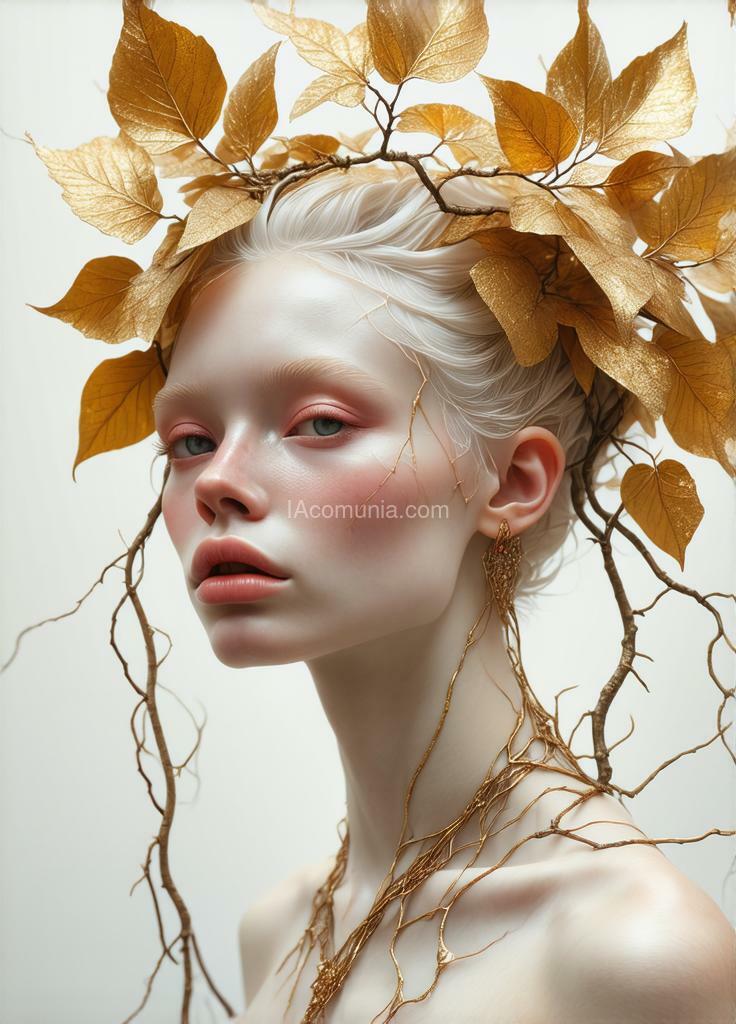 Imagen generada por IA en la comunidad IAcomuia: A woman with golden leaves on her head, porcelain pale skin, topological renders, hi-fructose art magazine, artforum, some tendrils are intertwining with her hair, vines, yasuke 5 0 0 px models, wearing jewellery, bilateral symmetry, albino, 32k, indigo, coral delicious style, with a pink color palette"