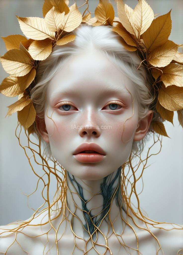 Imagen generada por IA en la comunidad IAcomuia: A woman with golden leaves on her head, porcelain pale skin, topological renders, hi-fructose art magazine, artforum, some tendrils are intertwining with her hair, vines, yasuke 5 0 0 px models, wearing jewellery, bilateral symmetry, albino, 32k, indigo, coral delicious style, with a pink color palette"