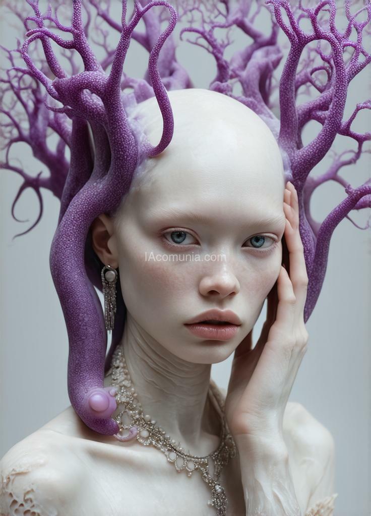 Imagen generada por IA en la comunidad IAcomuia: A woman with purple tentacules optupus corals on her head, porcelain pale skin, topological renders, hi - fructose art magazine, artforum, some tentacles are touching her, twigs, yasuke 5 0 0 px models, wearing jewellery, bilateral symmetry, albino, 32k