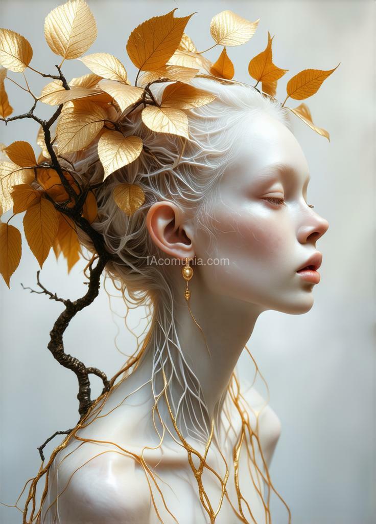 Imagen generada por IA en la comunidad IAcomuia: A woman with golden leaves on her head, porcelain pale skin, topological renders, hi-fructose art magazine, artforum, some tendrils are intertwining with her hair, vines, yasuke 5 0 0 px models, wearing jewellery, bilateral symmetry, albino, 32k, indigo, coral delicious style, with a pink color palette"