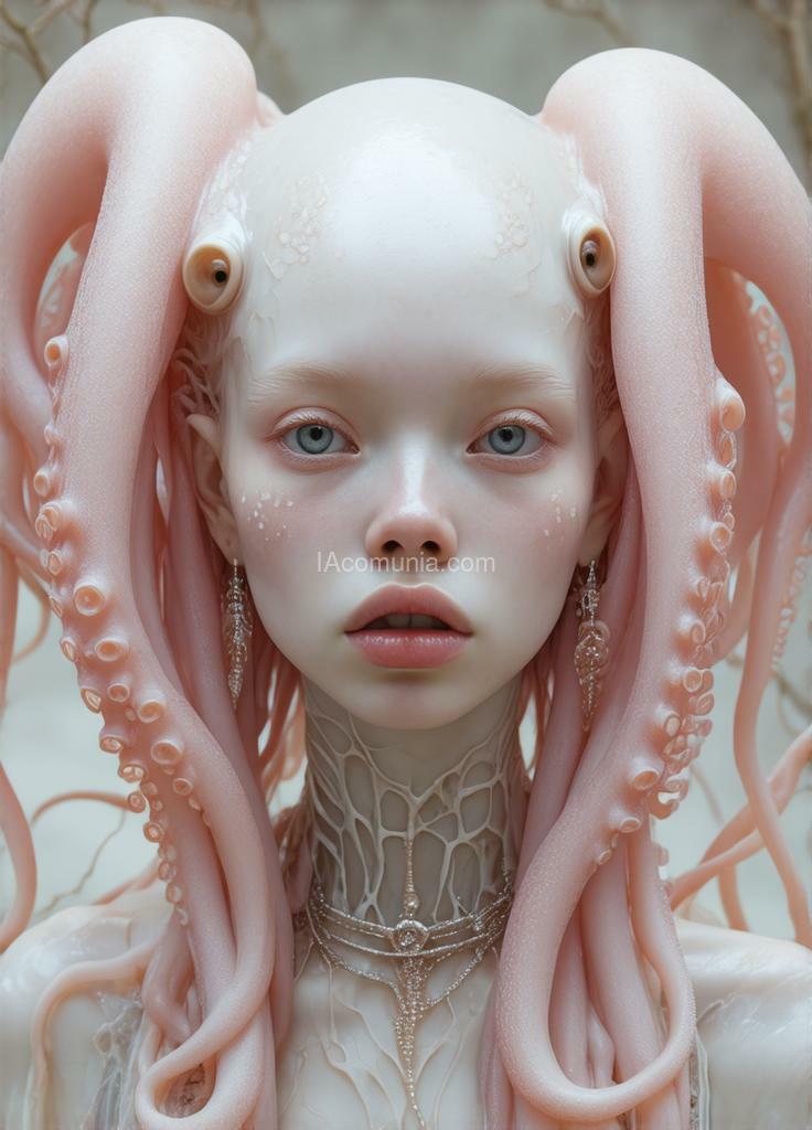 Imagen generada por IA en la comunidad IAcomuia: A woman with pink tentacules optupus on her head, porcelain pale skin, topological renders, hi - fructose art magazine, artforum, some tentacles are touching her, twigs, yasuke 5 0 0 px models, wearing jewellery, bilateral symmetry, albino, 32k