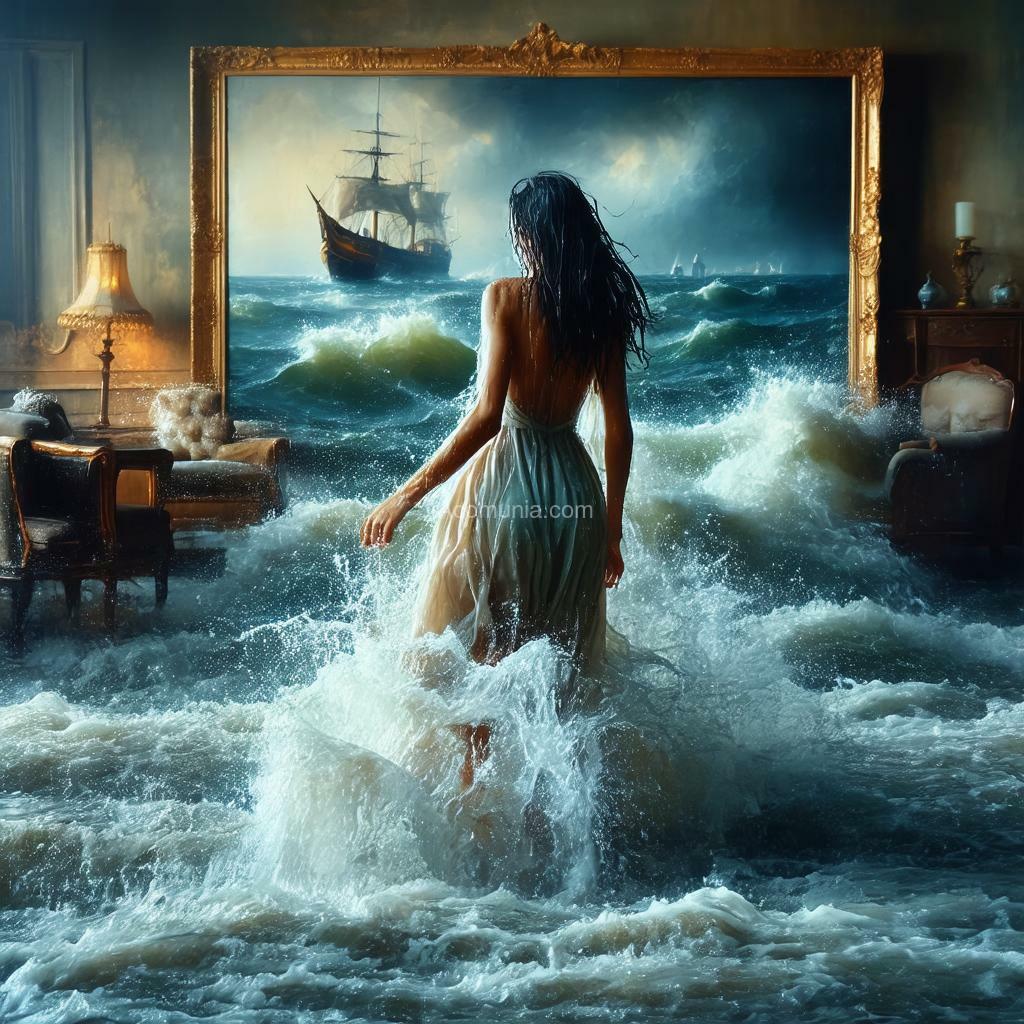 Imagen generada por IA en la comunidad IAcomuia: A surreal scene of a woman in a long, wet dress, dripping water, escaping a flooded living room with knee-high sea water pouring heavily out from an oil painting of a stormy sea with a ship on the wall to her right. a strong, continuous flow of water floods the room, creating waves around her knees. she is running toward the viewer as if she seeks for help . her front body is super wet. the woman walks away from the sea background , her face expression is horrified. it at the viewer, approaching the viewer, her wet hair and dress adding to the effect of her recent emergence from the sea. the room is decorated with vintage, ornate furniture, warm muted lighting, and an elegant, mysterious atmosphere.