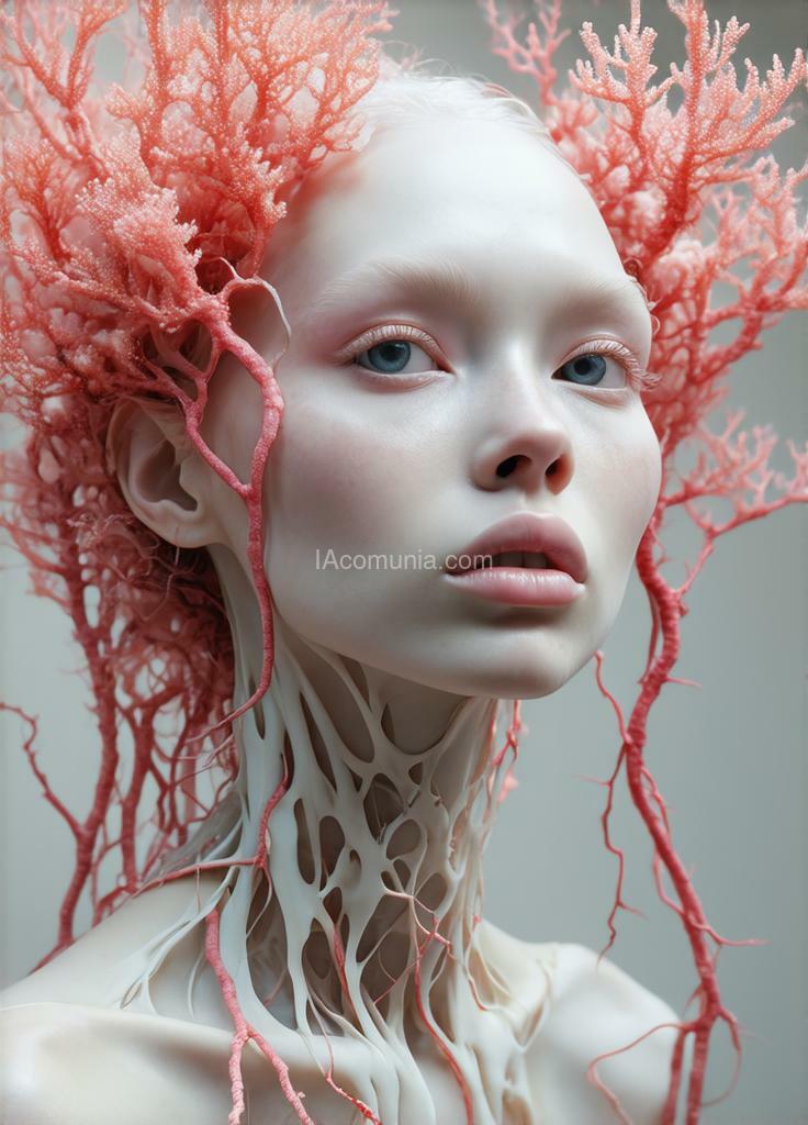 Imagen generada por IA en la comunidad IAcomuia: A woman with pink ethereal vines and corals on her head, porcelain pale skin, topological renders, hi-fructose art magazine, artforum, some vines are touching her, twigs, yasuke 500px models, wearing jewelry, bilateral symmetry, albino, 32k.