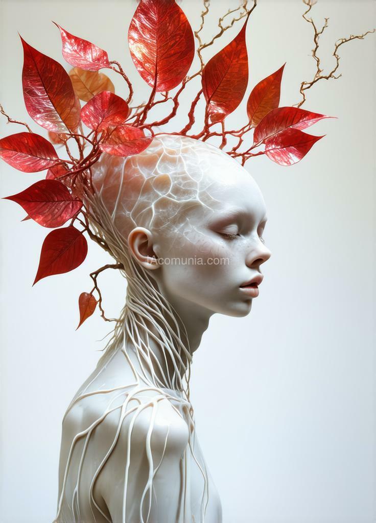 Imagen generada por IA en la comunidad IAcomuia: A woman with coral red vibrants metalics leaves on her head, porcelain pale skin, topological renders, hi-fructose art magazine, artforum, some tendrils are intertwining with her hair, vines, yasuke 5 0 0 px models, wearing jewellery, bilateral symmetry, albino, 32k, indigo, golden delicious style cambia ese prompt por colores rosa