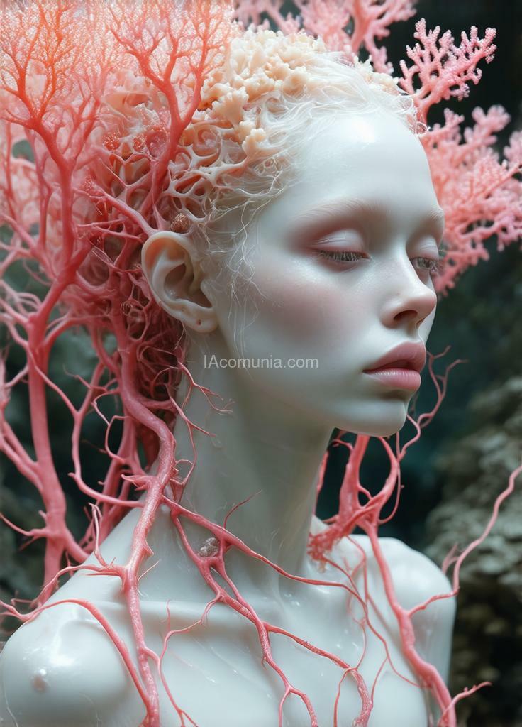 Imagen generada por IA en la comunidad IAcomuia: A woman with pink ethereal vines and corals on her head, porcelain pale skin, topological renders, hi-fructose art magazine, artforum, some vines are touching her, twigs, yasuke 500px models, wearing jewelry, bilateral symmetry, albino, 32k.