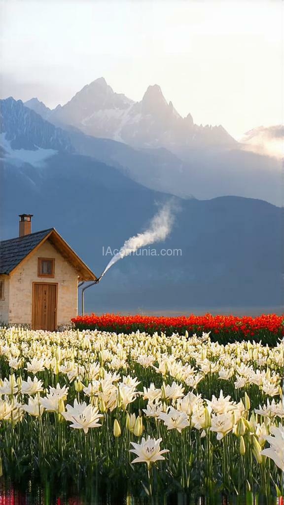 Imagen generada por IA en la comunidad IAcomuia: A breathtaking, cinematic photograph of a vast, open-plan field of lilies in full bloom, swaying gently in the breeze, with the majestic mountains rising toweringly in the background, casting a subtle shadow on the landscape, a quaint, rustic house with a pitched roof and wooden door situated humbly in the distance, white smoke drifting lazily out of the chimney, carrying the scent of warmth and comfort, captured in the warm, golden light of dawn or dusk, with the lilies' pure white petals and the mountains' rugged terrain contrasted beautifully against the serene, misty atmosphere, evoking a sense of peace and tranquility.