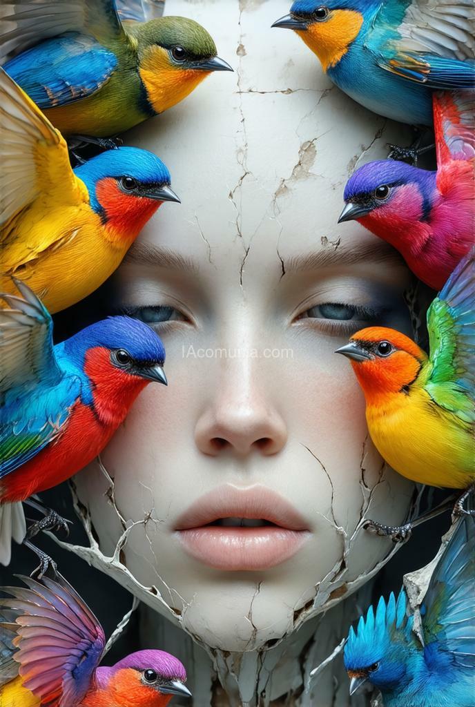 Imagen generada por IA en la comunidad IAcomuia: Macro shot of a face with vibrant, multi-colored birds perched and in flight, defying gravity around the grotesque countenance of a walker, inspired by the visionary styles of sam szafran, adrian donoghue, alberto seveso, anna dittmann, arthur rackham, and h.r. giger, composition focuses on symmetry and intricate designs akin to jenny saville and edward hopper, inf