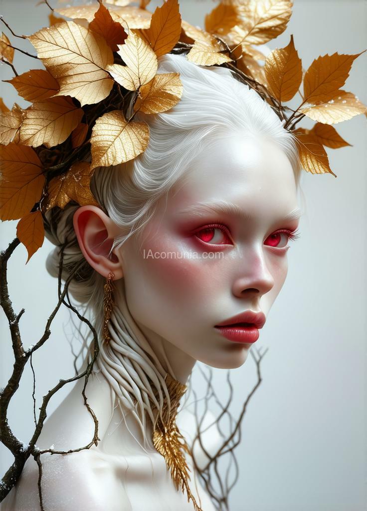 Imagen generada por IA en la comunidad IAcomuia: A woman with golden leaves on her head, porcelain pale skin, topological renders, hi-fructose art magazine, artforum, some tendrils are intertwining with her hair, vines, yasuke 5 0 0 px models, wearing jewellery, bilateral symmetry, albino, 32k, indigo, golden delicious style, with a winter theme, red leaves, large expressive pink eyes