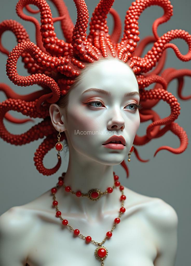 Imagen generada por IA en la comunidad IAcomuia: A woman with red tentacules optupus on her head, porcelain pale skin, topological renders, hi - fructose art magazine, artforum, some tentacles are touching her, twigs, yasuke 5 0 0 px models, wearing jewellery, bilateral symmetry, albino, 32k