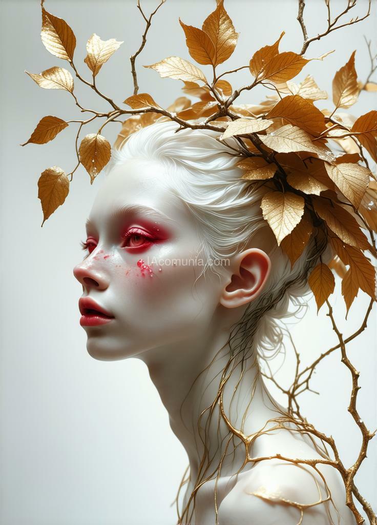 Imagen generada por IA en la comunidad IAcomuia: A woman with golden leaves on her head, porcelain pale skin, topological renders, hi-fructose art magazine, artforum, some tendrils are intertwining with her hair, vines, yasuke 5 0 0 px models, wearing jewellery, bilateral symmetry, albino, 32k, indigo, golden delicious style, with a winter theme, red leaves, large expressive pink eyes