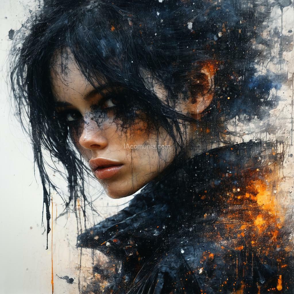 Imagen generada por IA en la comunidad IAcomuia: Canon_eos.dng: by bastien lecouffe-deharme , by carne griffiths and wadim kashin, scifi artwork by roblunda mccallum, camera facing, extreme face close up , spicy realism, pulp fiction inspired, airbrush art, a stunningly realistic (((3d alcohol ink double exposure illustration))), where the main image is a (an abstract photo of spicy buxom mia goth as a victorian pin up female portrait with paint splashes, dancing in the void, in the style of ralph steadman, photographed by helmut newton, with a digital art style, ivory color scheme, symbolic beautiful black old slavic patterns on the face, glitchcore, unique facial features, hauntingly beautiful illustrations, ethereal details) with intricate details and a (long exposure backdrop) that meld together in a (softly blended double exposure effect). the interplay of colors and (iridescent,patterns) creates a surreal optical illusion, with a (ethereal black haired sparklecore female figure) whose dress and (extremely long, flowing hair) blends seamlessly with the (ethereal surroundings). the overall atmosphere exudes an air of (fantasy and enchantment) that makes the piece a (masterful artistry)