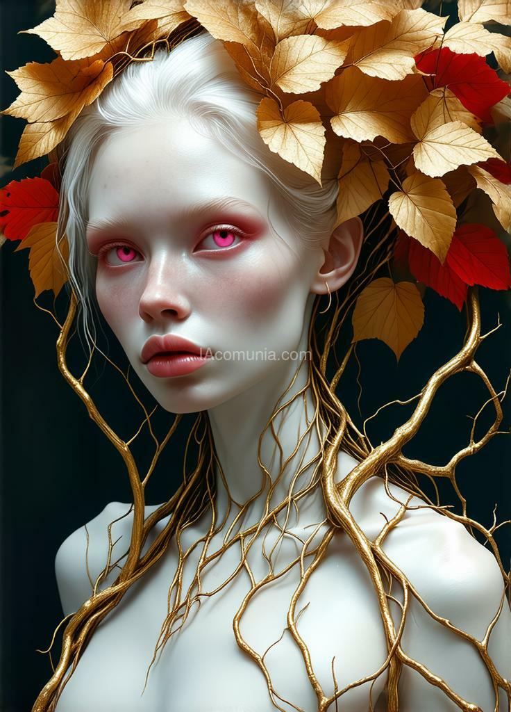 Imagen generada por IA en la comunidad IAcomuia: A woman with golden leaves on her head, porcelain pale skin, topological renders, hi-fructose art magazine, artforum, some tendrils are intertwining with her hair, vines, yasuke 5 0 0 px models, wearing jewellery, bilateral symmetry, albino, 32k, indigo, golden delicious style, with a winter theme, red leaves, large expressive pink eyes