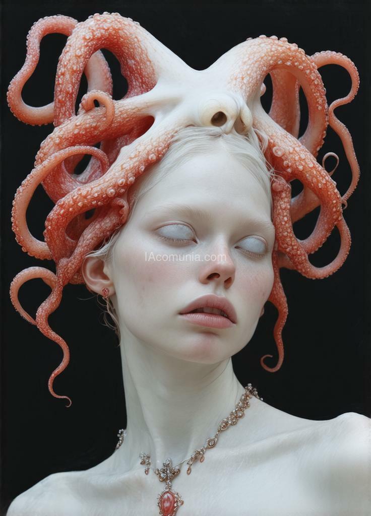 Imagen generada por IA en la comunidad IAcomuia: A woman with red tentacules optupus on her head, porcelain pale skin, topological renders, hi - fructose art magazine, artforum, some tentacles are touching her, twigs, yasuke 5 0 0 px models, wearing jewellery, bilateral symmetry, albino, 32k