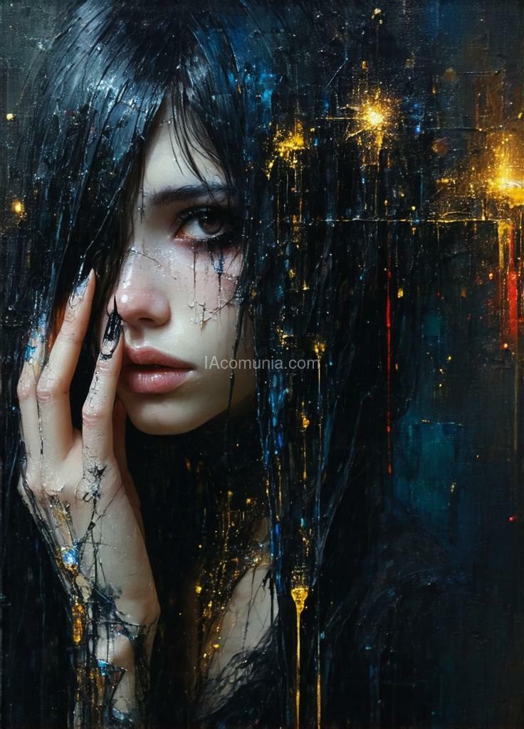 Imagen generada por IA en la comunidad IAcomuia: Closeup portrait of a girl with long black hair, standing alone in a dark room, painted nails, piercing black eyes, intricate details in her hair and clothing, awe inspiring , surreal structured mix media art,, art by luzia caldari, carne griffiths and vanessa barragao. coherent background, close-up, stitching in bright colors, 3d-effect artwork, 3d vector painting, sharp focus, beautiful, highly detailed, concept art, stunning, molecular, textures, breathtaking beauty, pure perfection, divine presence, unforgettable, impressive, breathtaking beauty, volumetric light, rays, vivid colors reflects, centered, symmetry, painted, intricate, volumetric lighting, beautiful, rich deep colors masterpiece, sharp focus, ultra detailed, in the style of dan mumford and marc simonetti