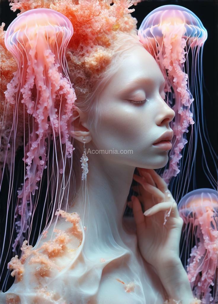 Imagen generada por IA en la comunidad IAcomuia: A woman with pink and indigo fluoreceses jellyfish tendrils and corals on her head, porcelain pale skin, topological renders, hi-fructose art magazine, artforum, some tendrils are touching her, twigs, yasuke 500px models, wearing jewelry, bilateral symmetry, albino, 32k