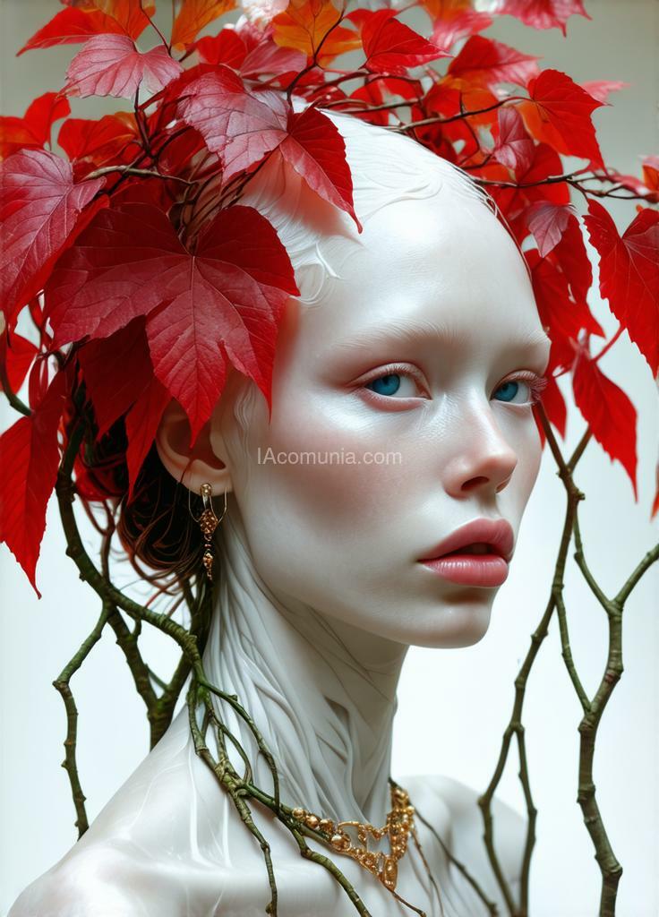 Imagen generada por IA en la comunidad IAcomuia: A woman with red vibrants leaves on her head, porcelain pale skin, topological renders, hi-fructose art magazine, artforum, some tendrils are intertwining with her hair, vines, yasuke 5 0 0 px models, wearing jewellery, bilateral symmetry, albino, 32k, indigo, golden delicious style cambia ese prompt por colores rosa