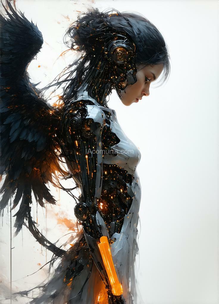 Imagen generada por IA en la comunidad IAcomuia: By bastien lecouffe-deharme , by carne griffiths and wadim kashin, scifi artwork by roblunda mccallum, in the style of blink-and-you-miss-it detail, full body, white and light orange , sci-fi realism, pulp comics, exaggerated anatomy, airbrush art,, a stunningly realistic (((3d alcohol ink double exposure illustration))), where the main image is a ( full length facing of a beautiful european futuristic cyborg woman, black hair, green eyes, showing black parts with human body skin and electronics and lights ) with intricate details and a (long exposure backdrop) that meld together in a (softly blended double exposure effect). the interplay of colors and (iridescent,patterns) creates a surreal optical illusion, with a (black angel black female figure with black hair and black wings ) whose dress and (extremely long, flowing hair) blends seamlessly with the (ethereal surroundings). the overall atmosphere exudes an air of (fantasy and enchantment) that makes the piece a (masterful artistry)