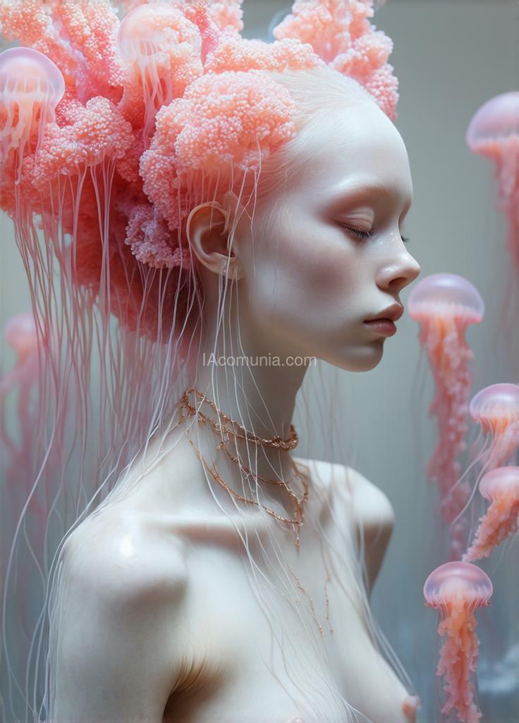 Imagen generada por IA en la comunidad IAcomuia: A woman with pink and indigo fluoreceses jellyfish tendrils and corals on her head, porcelain pale skin, topological renders, hi-fructose art magazine, artforum, some tendrils are touching her, twigs, yasuke 500px models, wearing jewelry, bilateral symmetry, albino, 32k